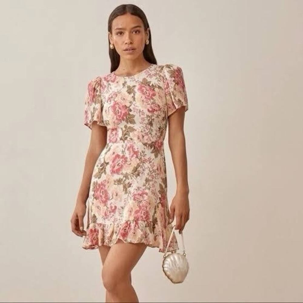 Reformation Pink Farrah Print Beesley Short Sleeve Ruffle Hem Mini Dress Sz 12